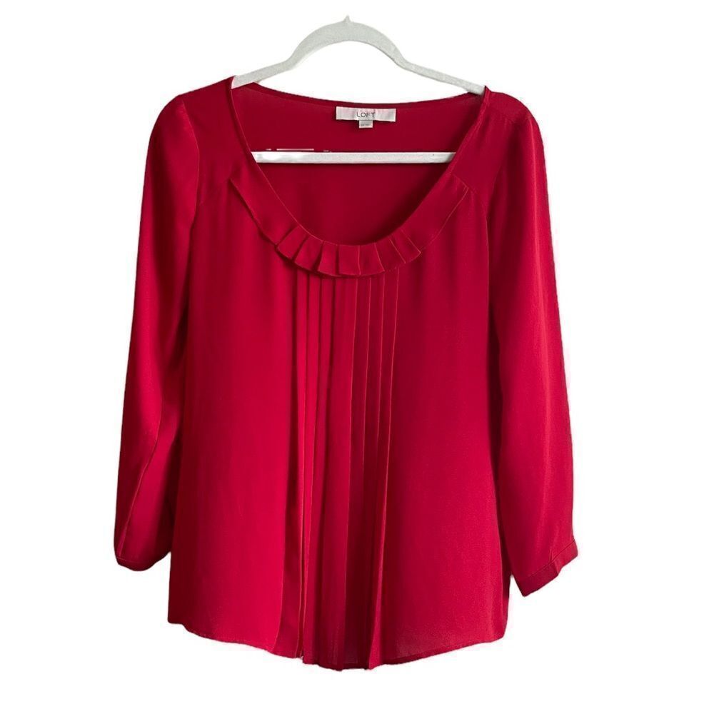 Loft Red pleated blouse womens size XS Grannycore office business